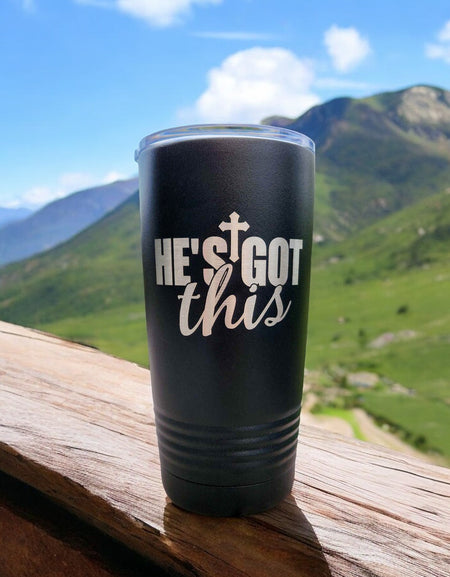 He's Got This Engraved Christian Polar Camel Tumbler 20oz Black by Sunny Box