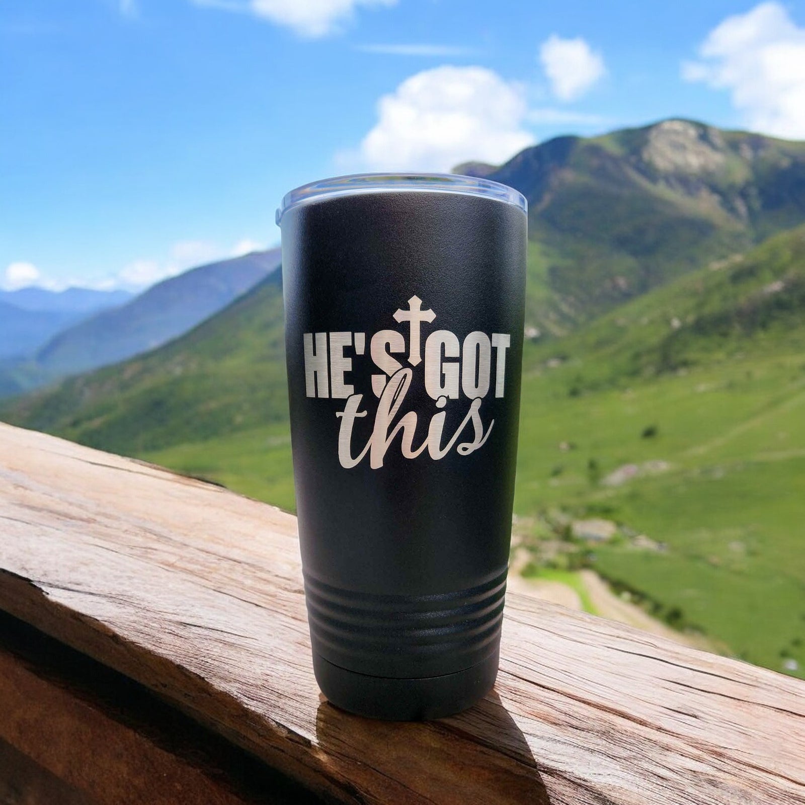 He's Got This Engraved Christian Polar Camel Tumbler 20oz Black by Sunny Box