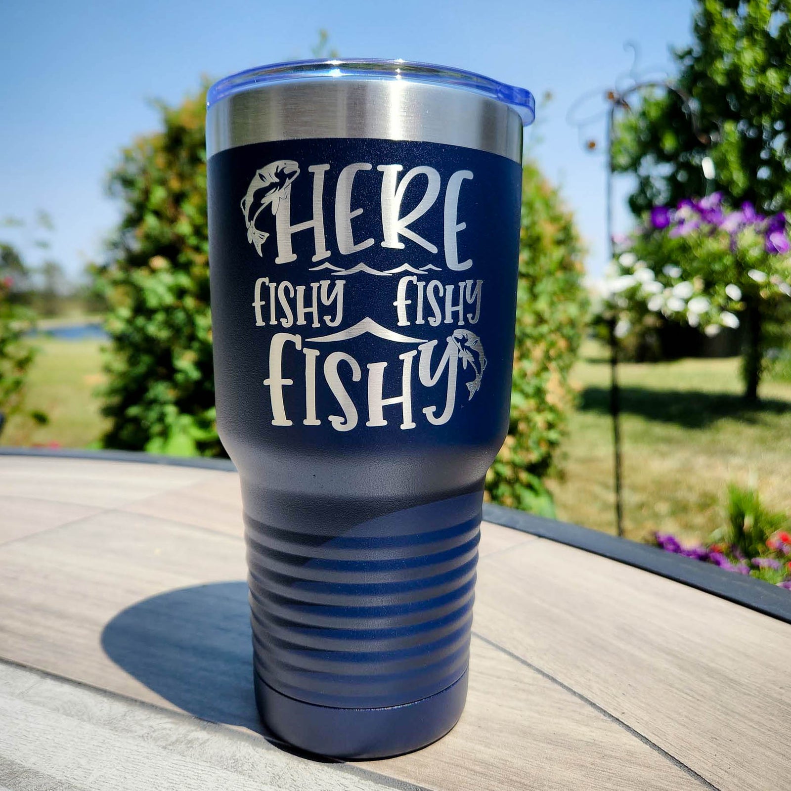 Here Fishy Fishy Engraved 30oz Navy Polar Camel Tumbler - Sunny Box