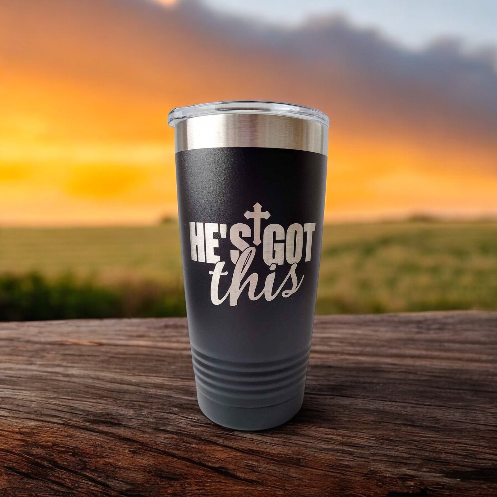 He's Got This Engraved Christian Polar Camel Tumbler 20oz Black by Sunny Box