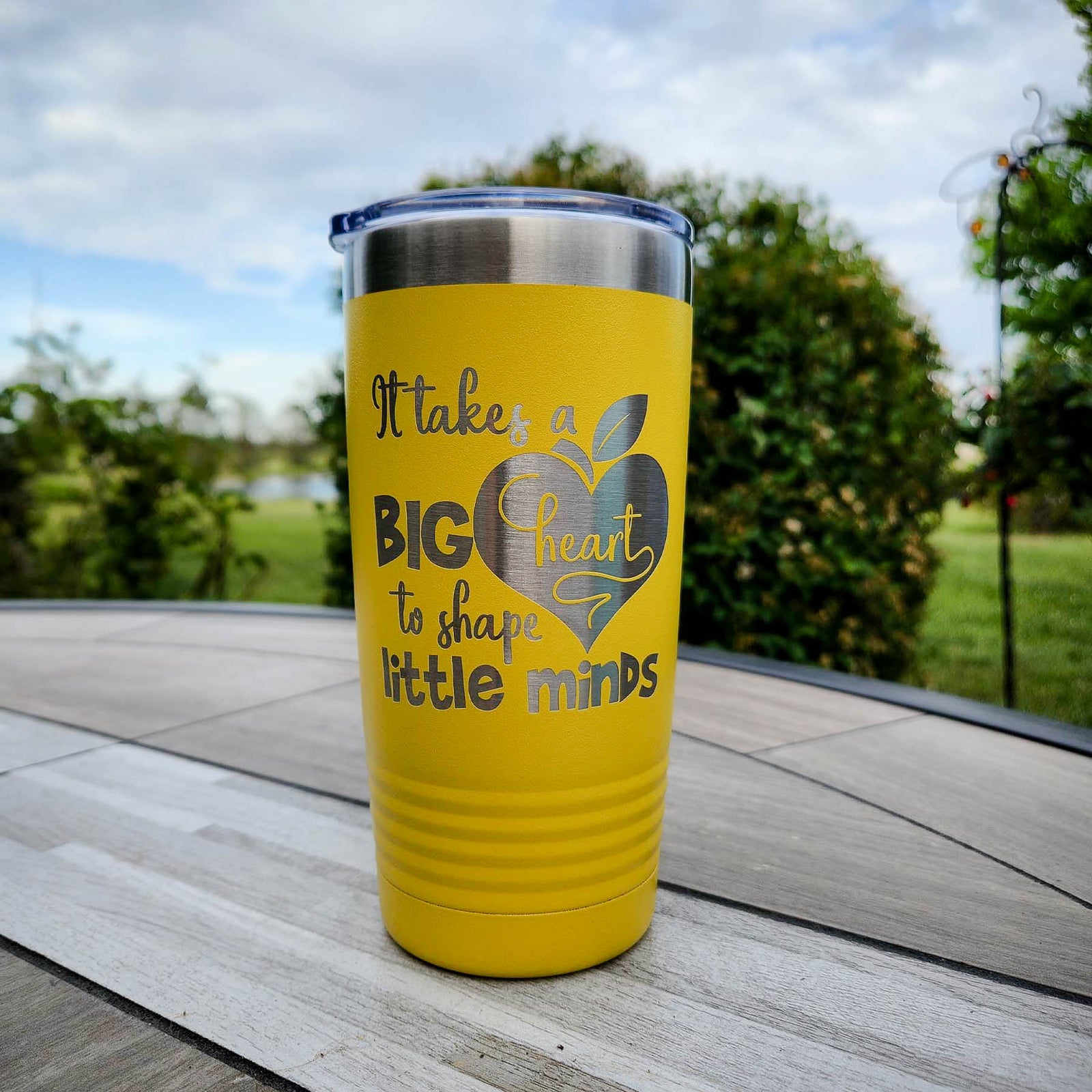 It Takes A Big Heart to Shape Little Minds - Engraved 20oz Yellow Tumbler for Teacher - by Sunny Box