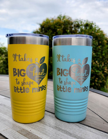 It Takes A Big Heart to Shape Little Minds - Engraved 20oz Yellow Teal Tumbler for Teacher - by Sunny Box