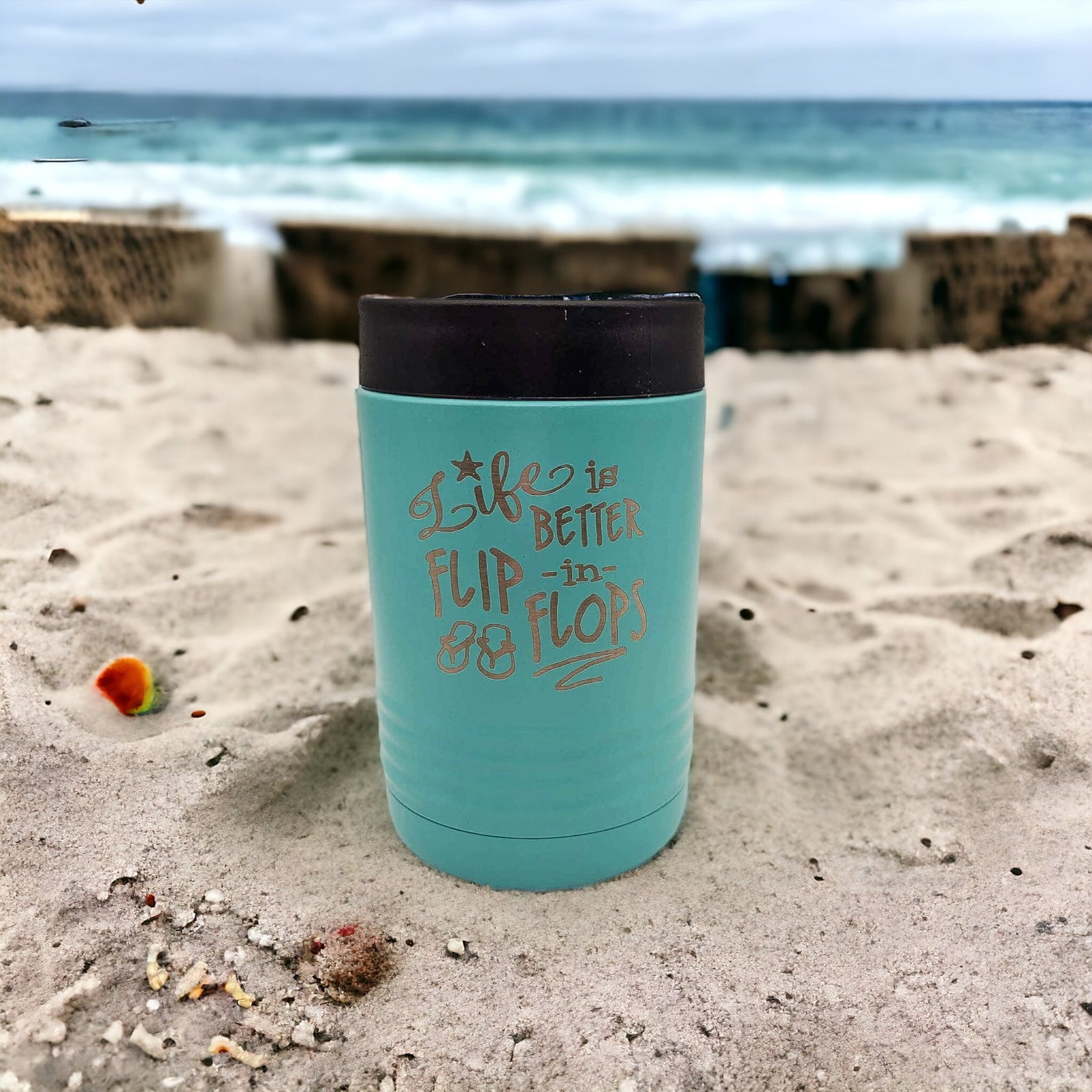 Life is Better in Flip Flops - Engraved Polar Camel Teal Can Cooler Holder - Sunny Box