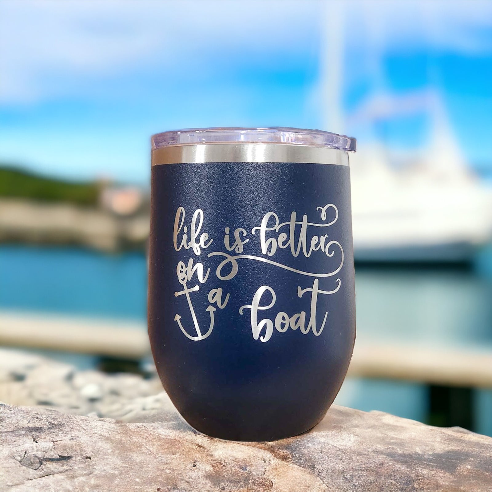 Life is Better on a Boat - Engraved 12oz Blue Polar Camel Wine Tumbler - Sunny Box