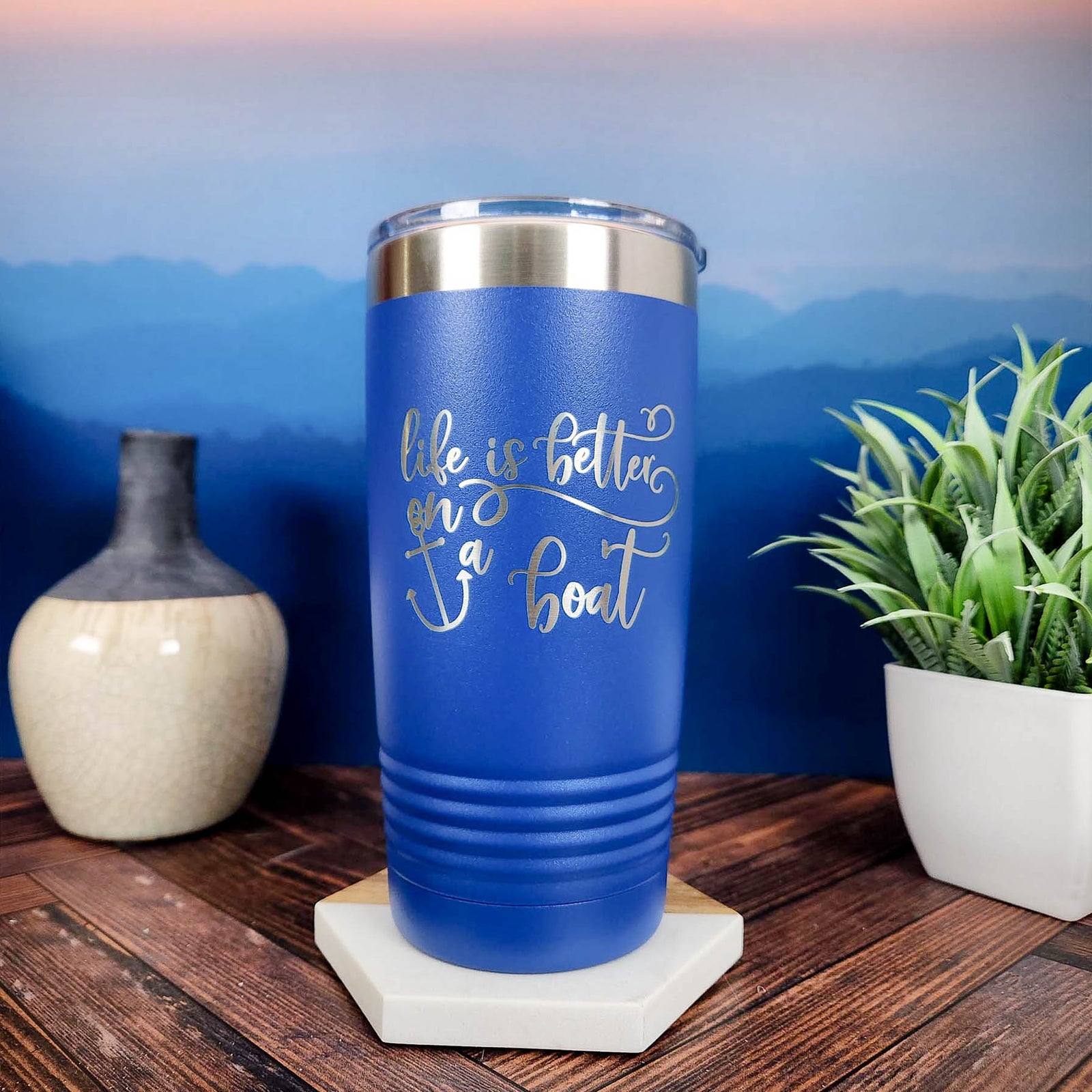 Life is Better on a Boat Personalized Engraved 20oz Blue Tumbler by Sunny Box