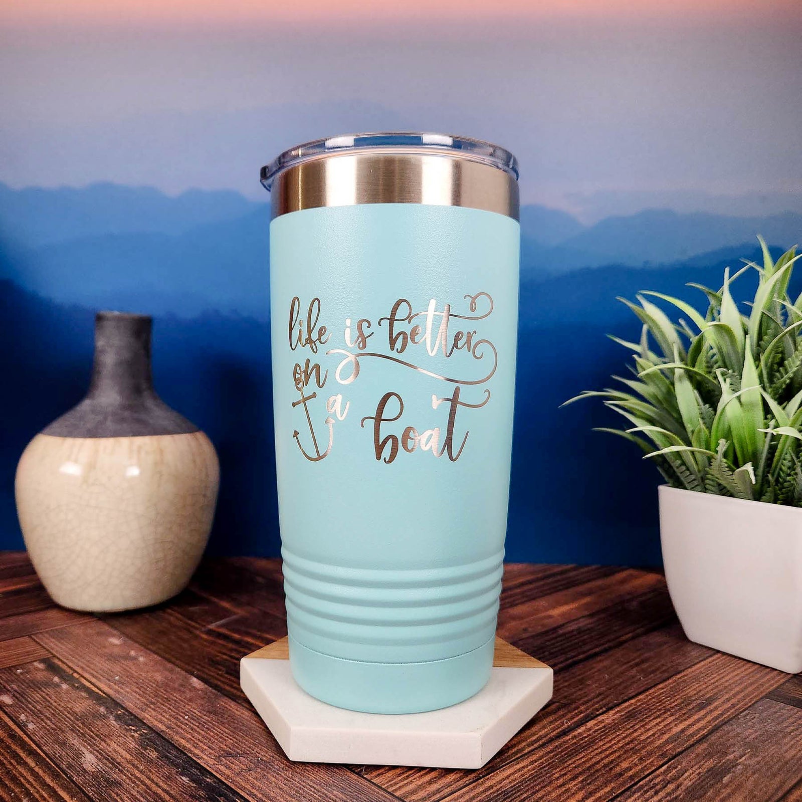 Life is Better on a Boat Personalized Engraved 20oz Teal Tumbler by Sunny Box