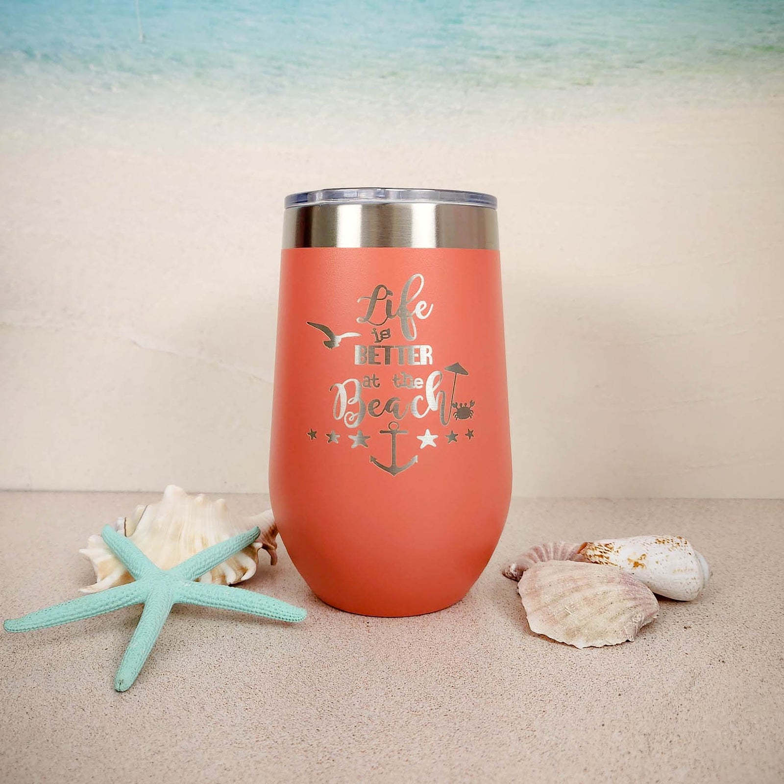 Life is Better at the Beach Engraved 16oz Wine Coral Polar Camel Tumbler - Sunny Box