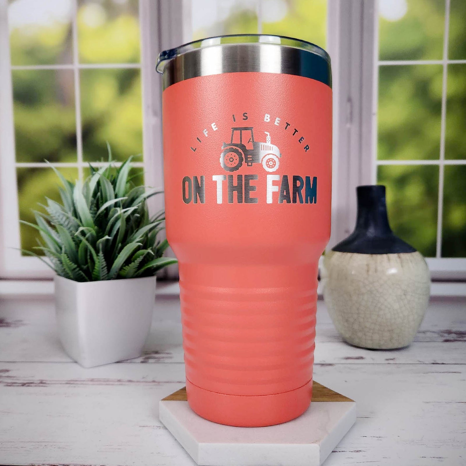 Life is Better on the Farm Engraved 30oz Coral Polar Camel Tumbler - Sunny Box