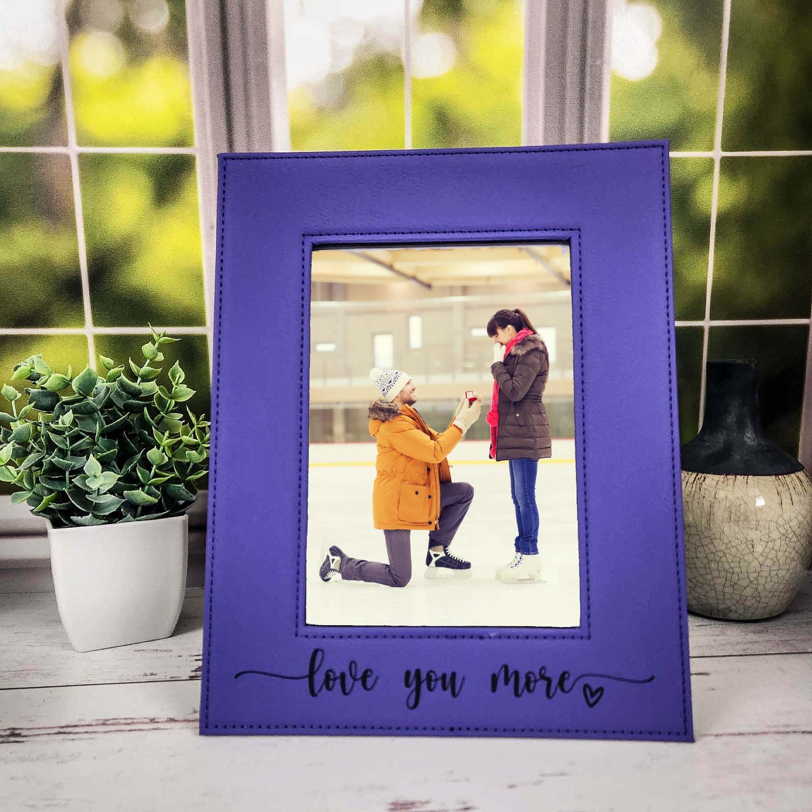 Love You More Engraved Personalized Leatherette Picture Frame Purple by Sunny Box