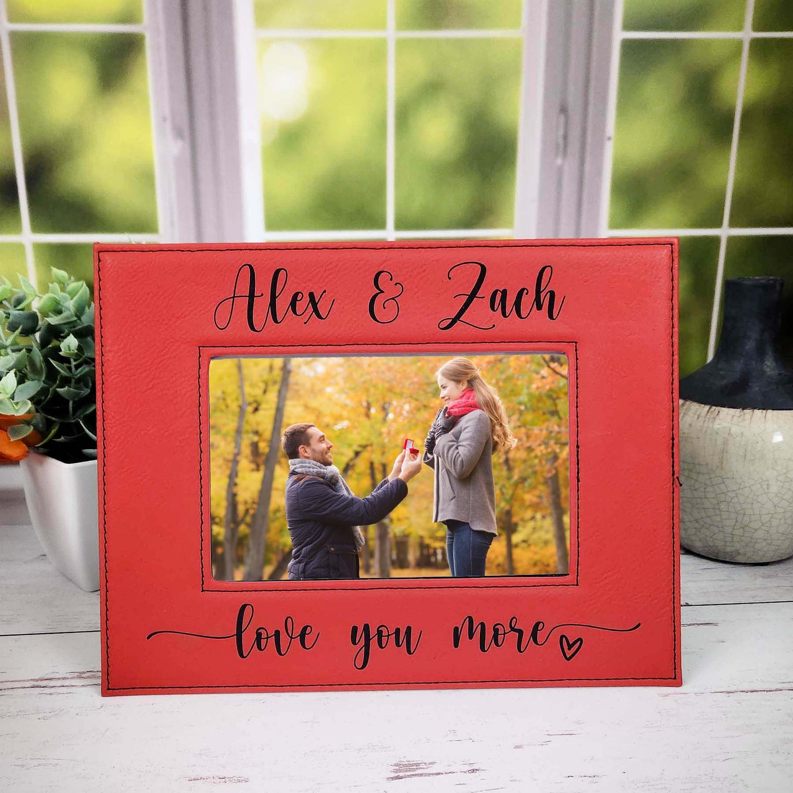 Love You More Engraved Personalized Leatherette Picture Frame Red by Sunny Box