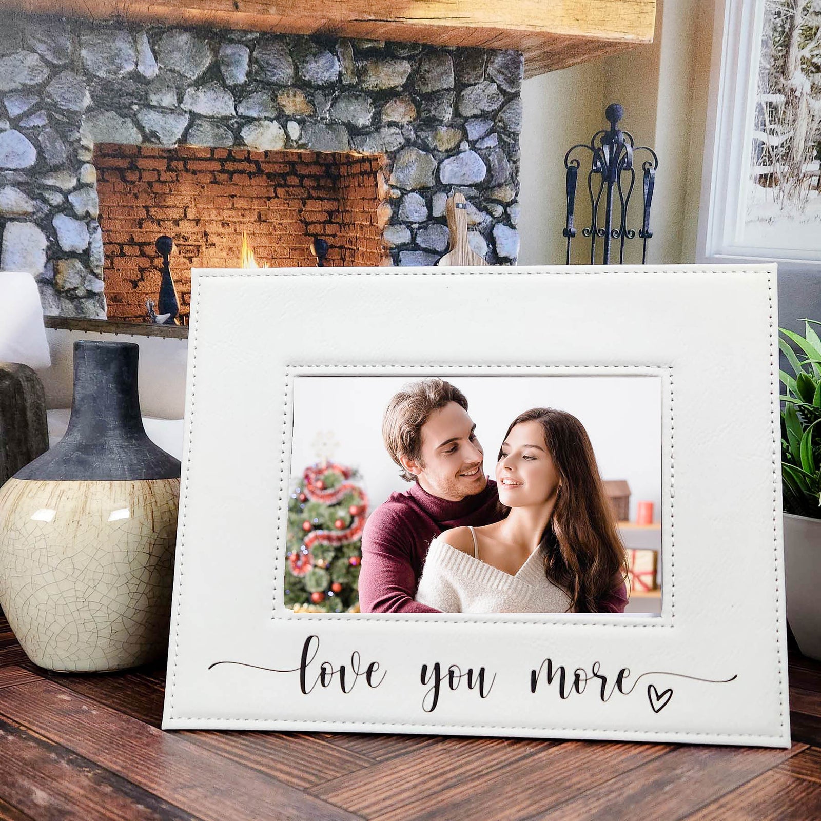 Love You More Engraved Personalized Leatherette Picture Frame White by Sunny Box