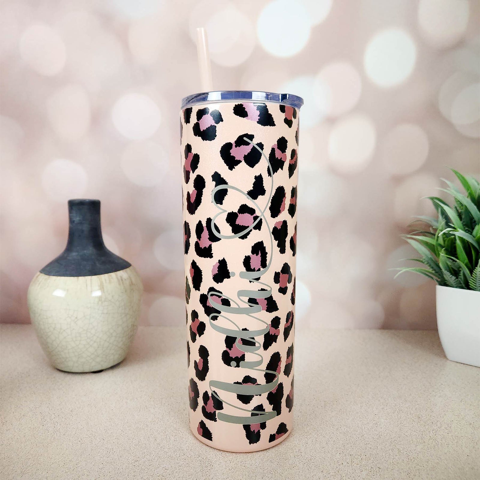 Personalized Engraved 20oz Skinny Tumbler Blush Leopard by Sunny Box