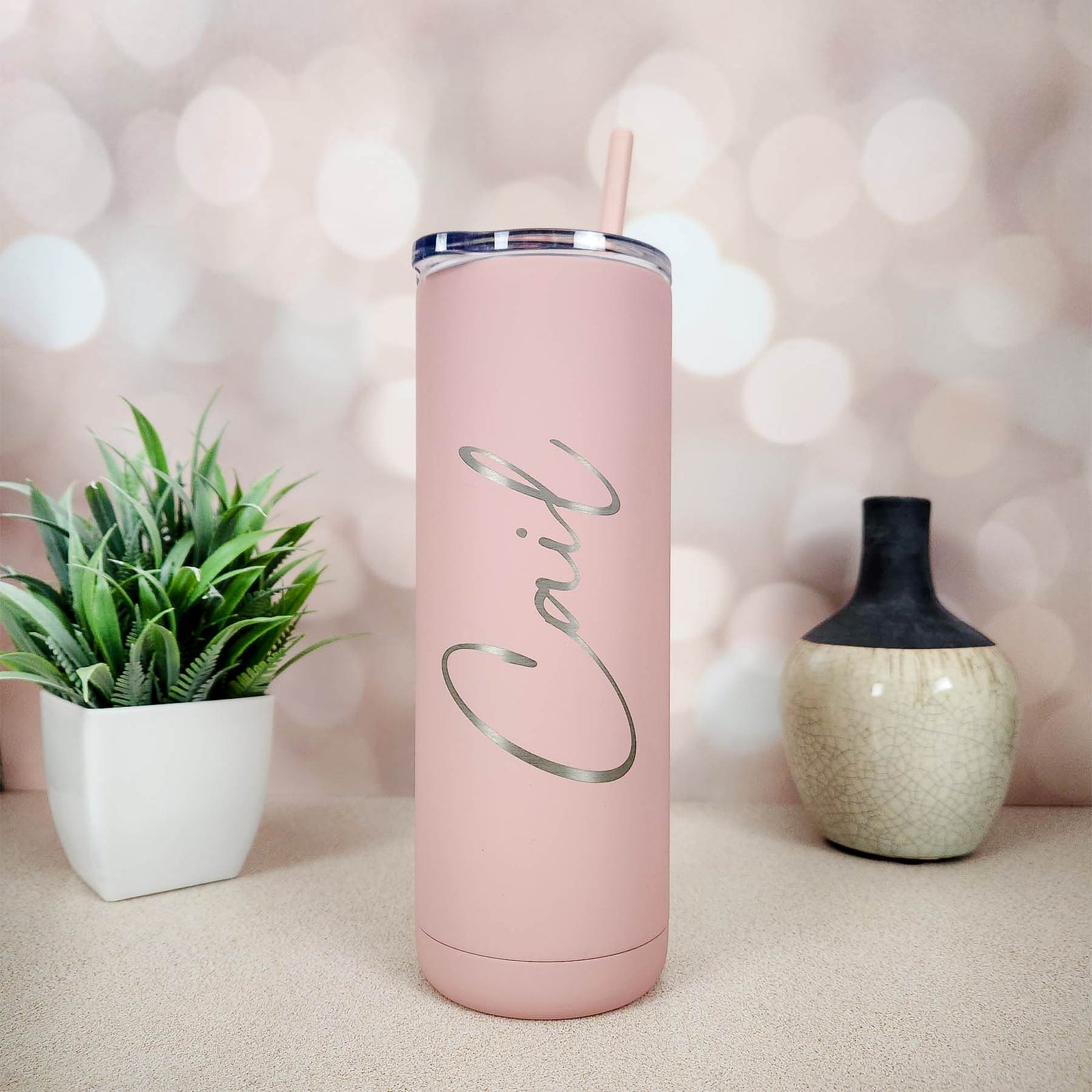 Personalized Engraved 20oz Skinny Tumbler Rose Pink Matte by Sunny Box