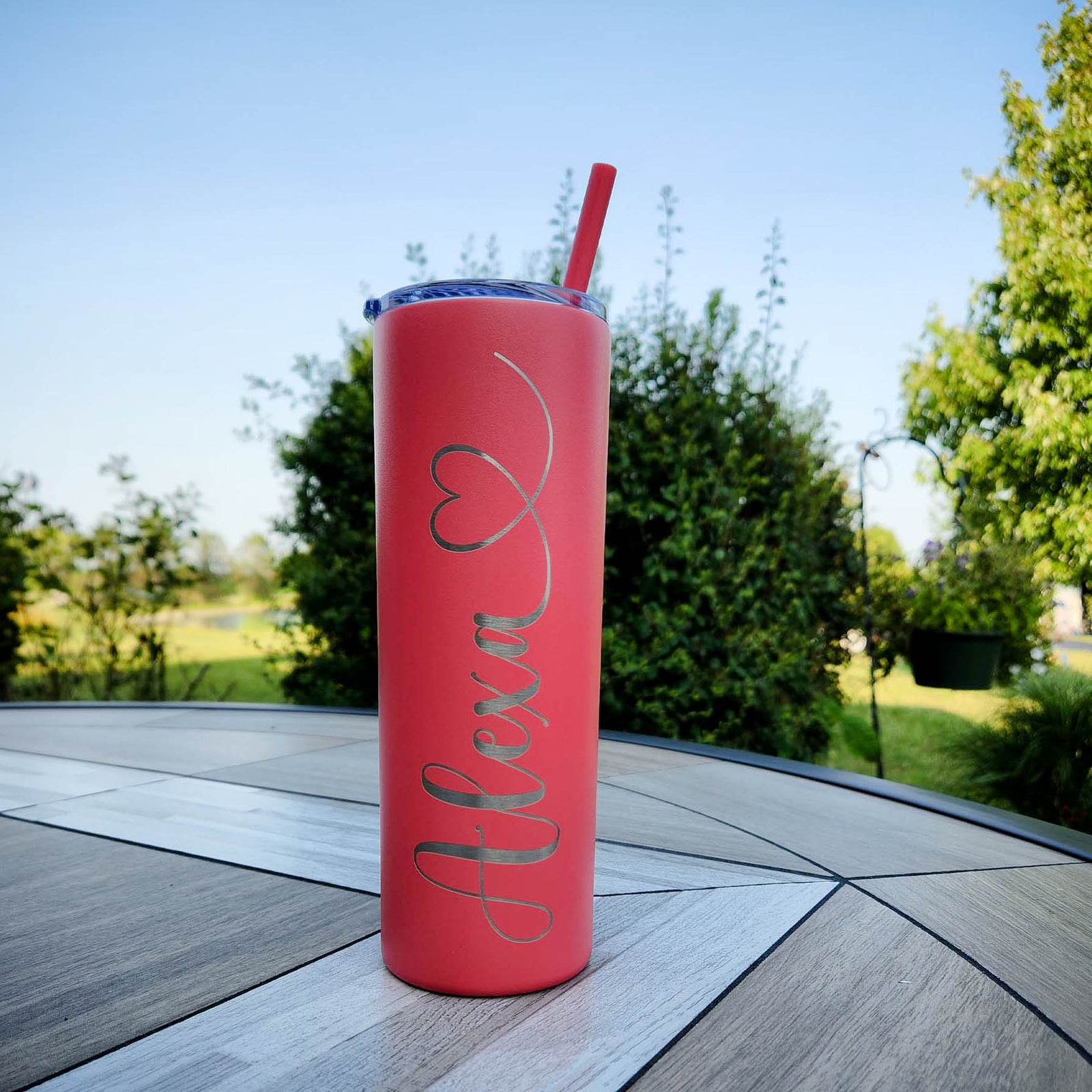 Personalized Engraved 20oz Skinny Tumbler Coral by Sunny Box