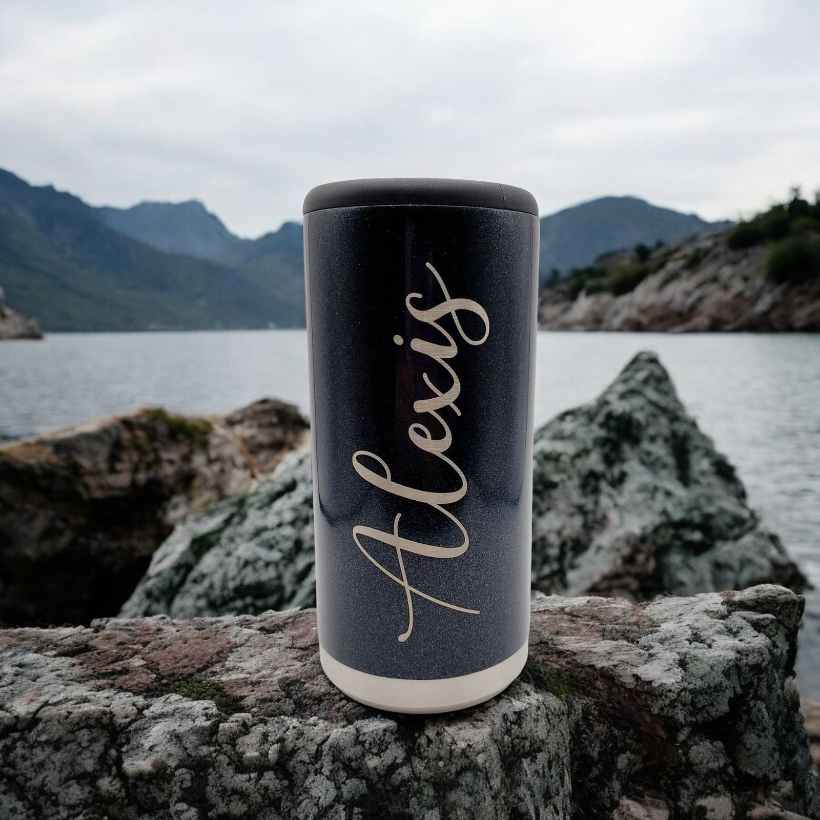 Personalized Engraved Skinny Can Cooler Maars Black Glitter - Sunny Box