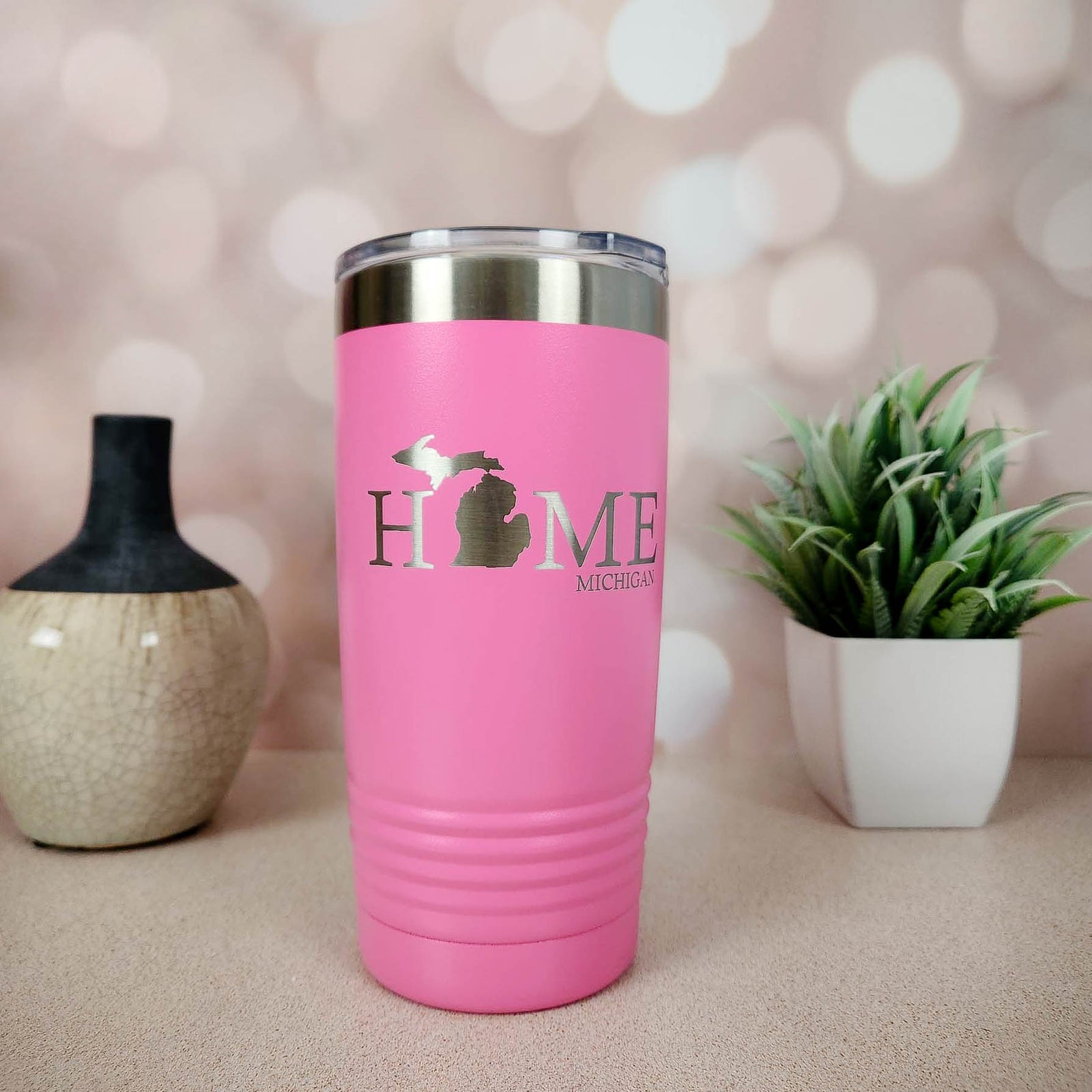 Michigan Home Engraved 20oz Pink Tumbler by Sunny Box