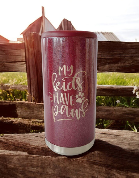 My Kids Have Paws Engraved Skinny Can Cooler Rosewood Glitter by Sunny Box
