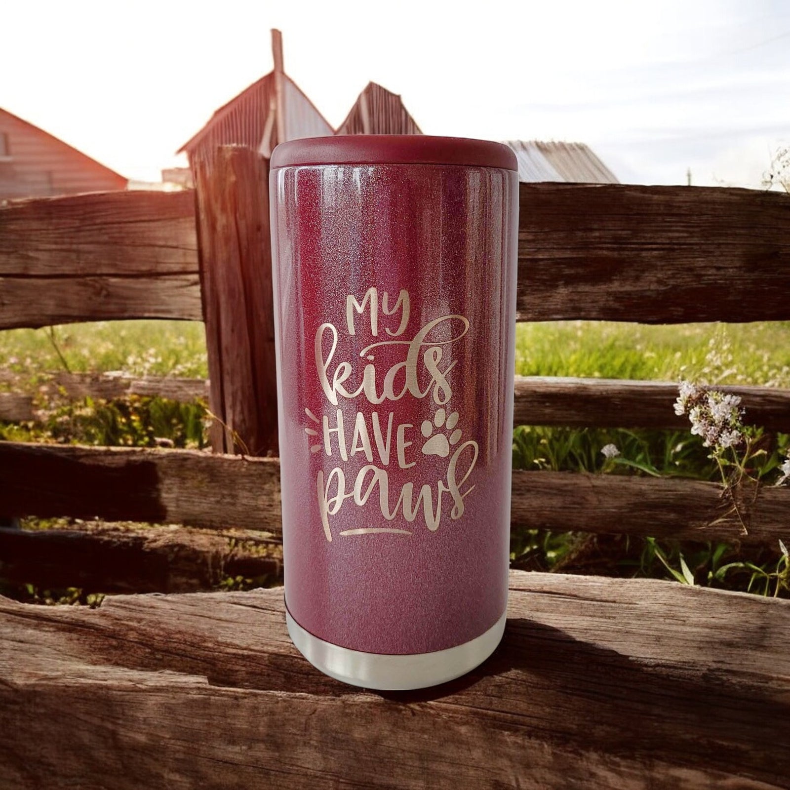 My Kids Have Paws Engraved Skinny Can Cooler Rosewood Glitter by Sunny Box