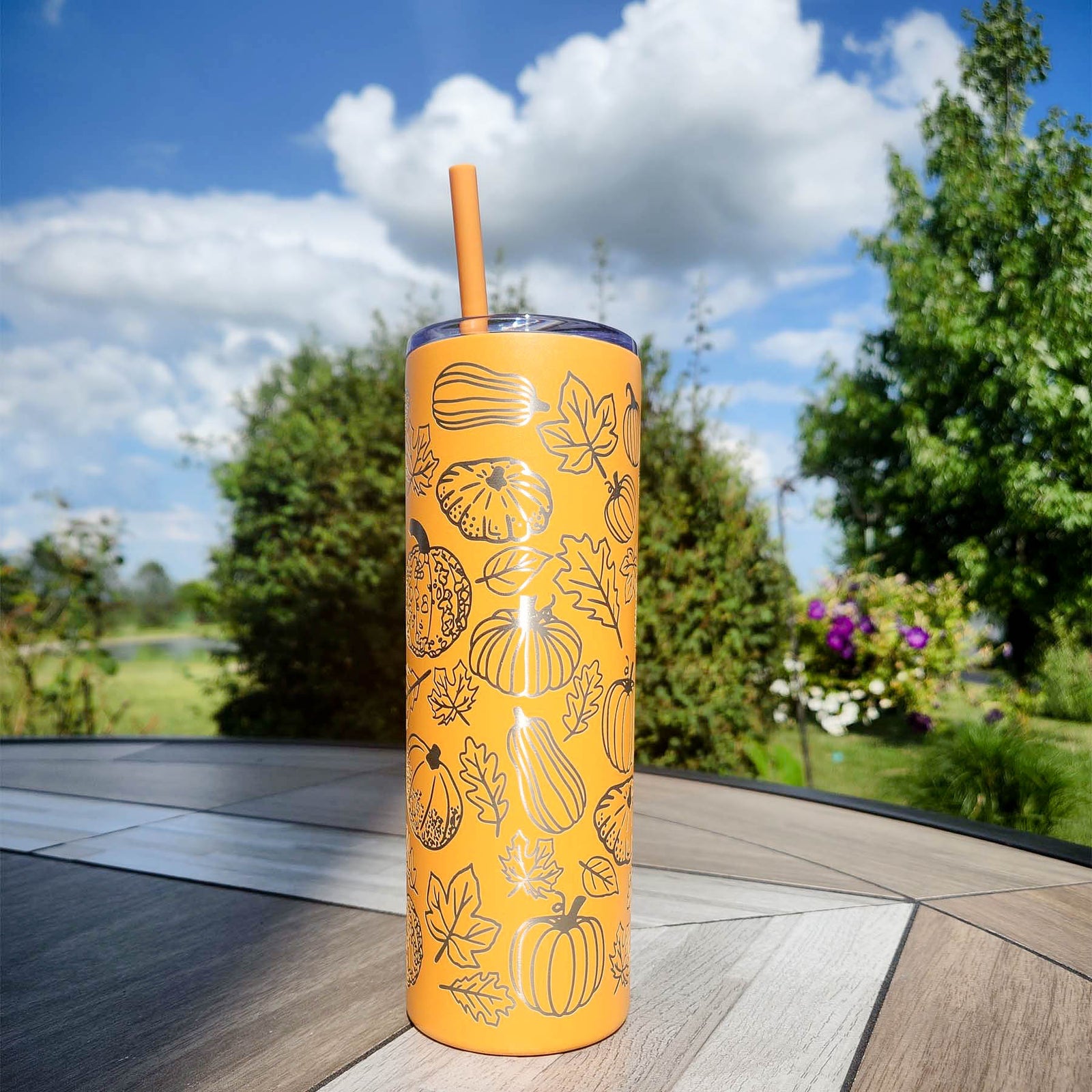 Pumpkin Fall Themed Full Wrap 20oz Maars Skinny Tumbler Tangerine Orange by Sunny Box