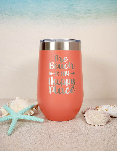 The Beach is My Happy Place Engraved 16oz Coral Polar Camel Wine Tumbler - Sunny Box