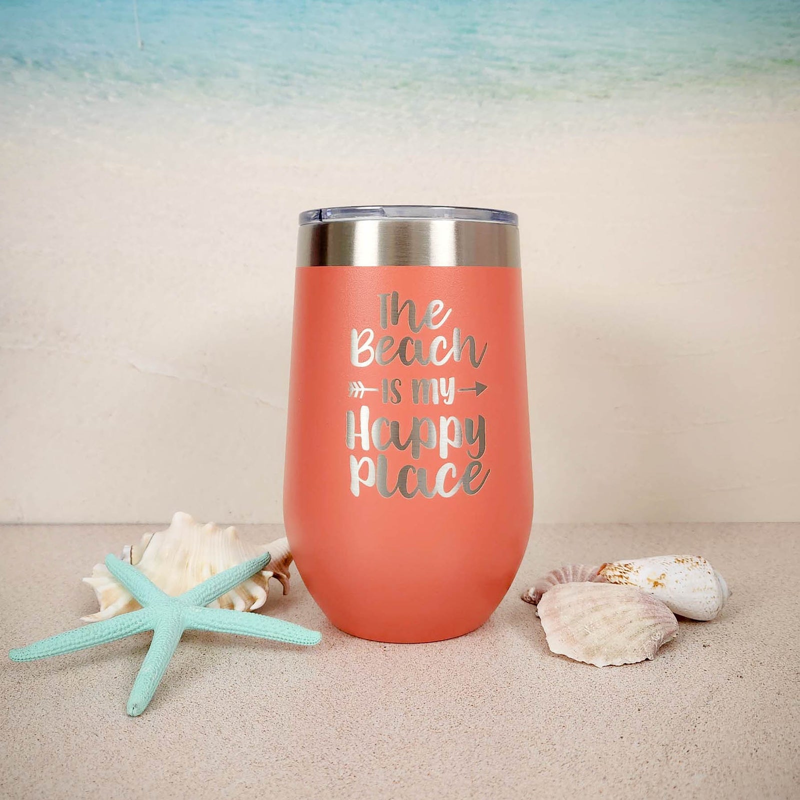The Beach is My Happy Place Engraved 16oz Coral Polar Camel Wine Tumbler - Sunny Box