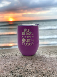The Beach is My Happy Place - Engraved 9oz Purple Wine Tumbler by Sunny Box