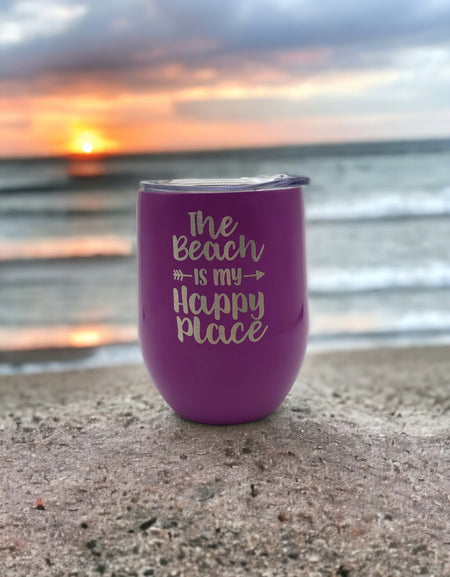 The Beach is My Happy Place - Engraved 9oz Purple Wine Tumbler by Sunny Box