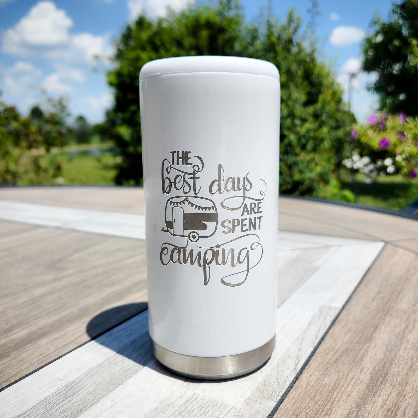 The Best Days Are Spent Camping Engraved Skinny Can Cooler Maars Moonrock Glitter - Sunny Box
