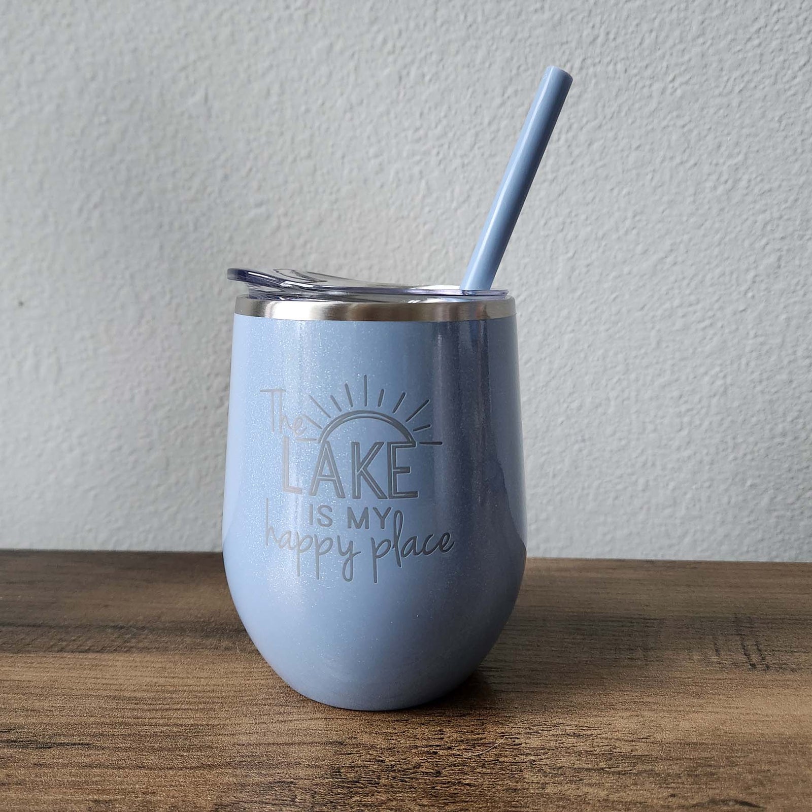 The Lake is My Happy Place Engraved 12oz Wine Tumbler Dusty Blue Glitter by Sunny Box
