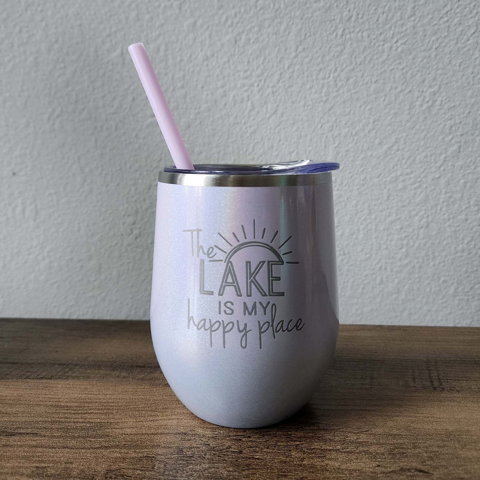 The Lake is My Happy Place Engraved 12oz Wine Tumbler Magic Mist Glitter by Sunny Box