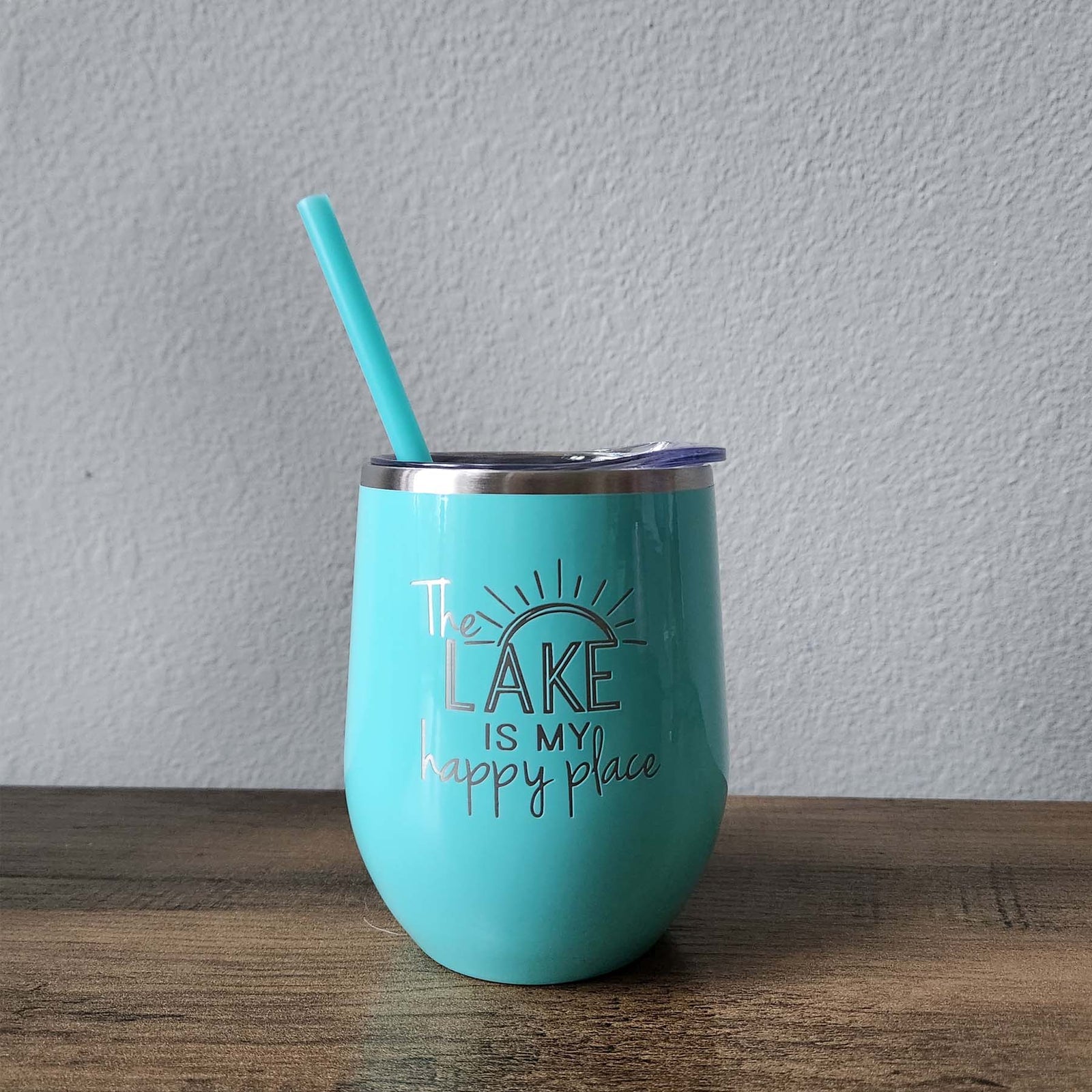 The Lake is My Happy Place Engraved 12oz Wine Tumbler Mint by Sunny Box