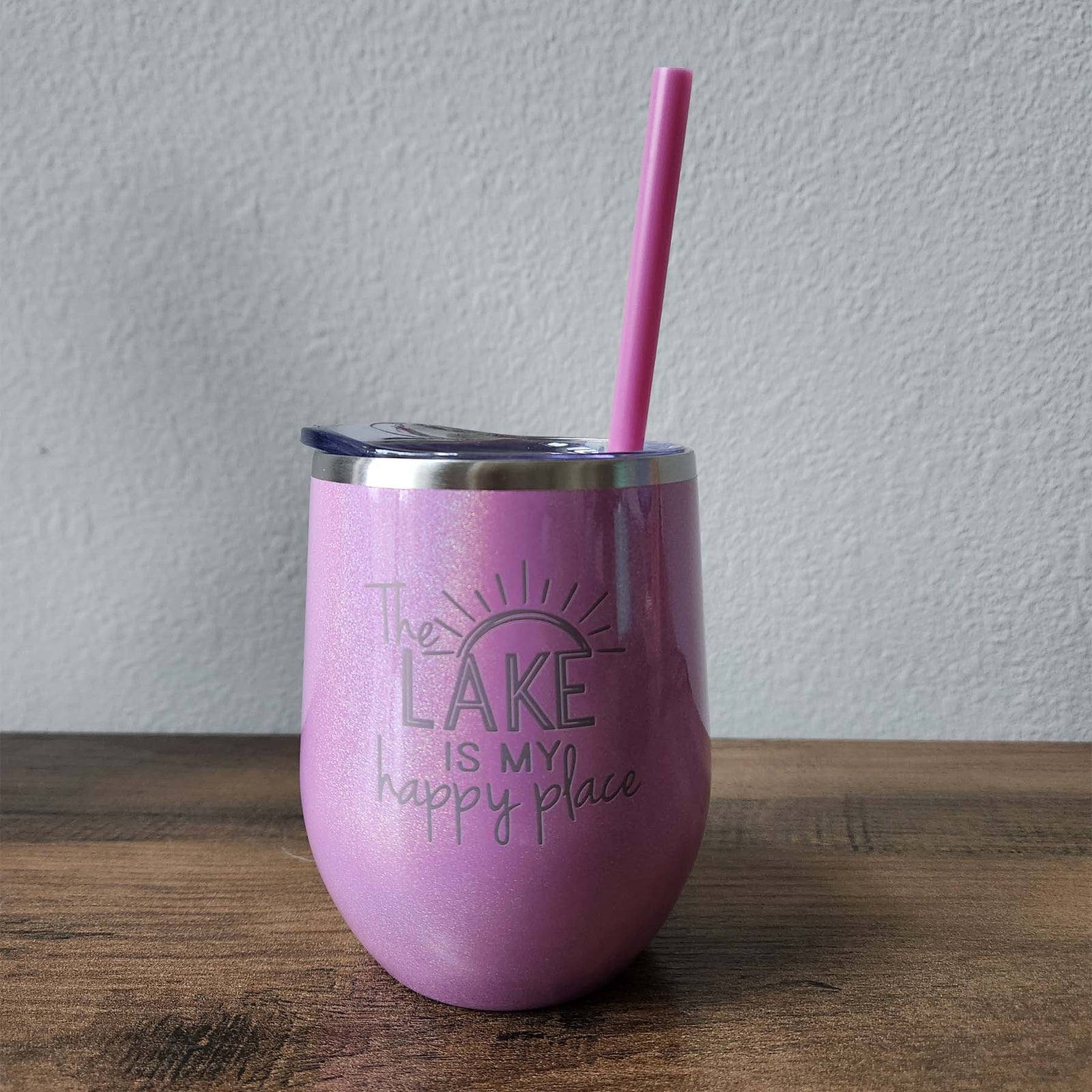 The Lake is My Happy Place Engraved 12oz Wine Tumbler Pink Magic by Sunny Box
