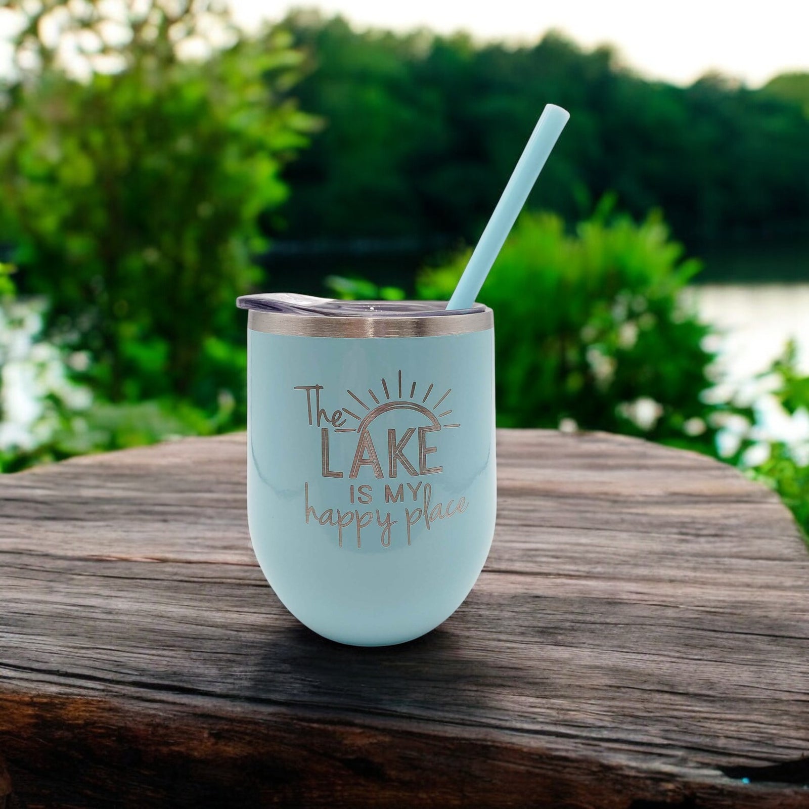 The Lake is My Happy Place Engraved 12oz Wine Tumbler Seafoam by Sunny Box