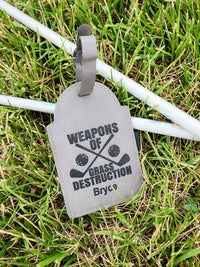 Weapons of Grass Destruction Engraved Leatherette Gray Golf Bag Tag with Tees by Sunny Box