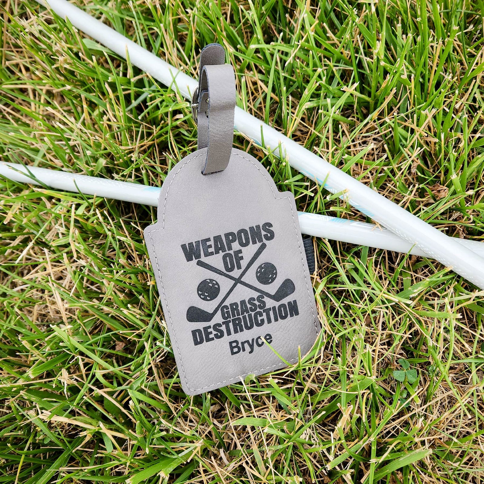 Weapons of Grass Destruction Engraved Leatherette Gray Golf Bag Tag with Tees by Sunny Box