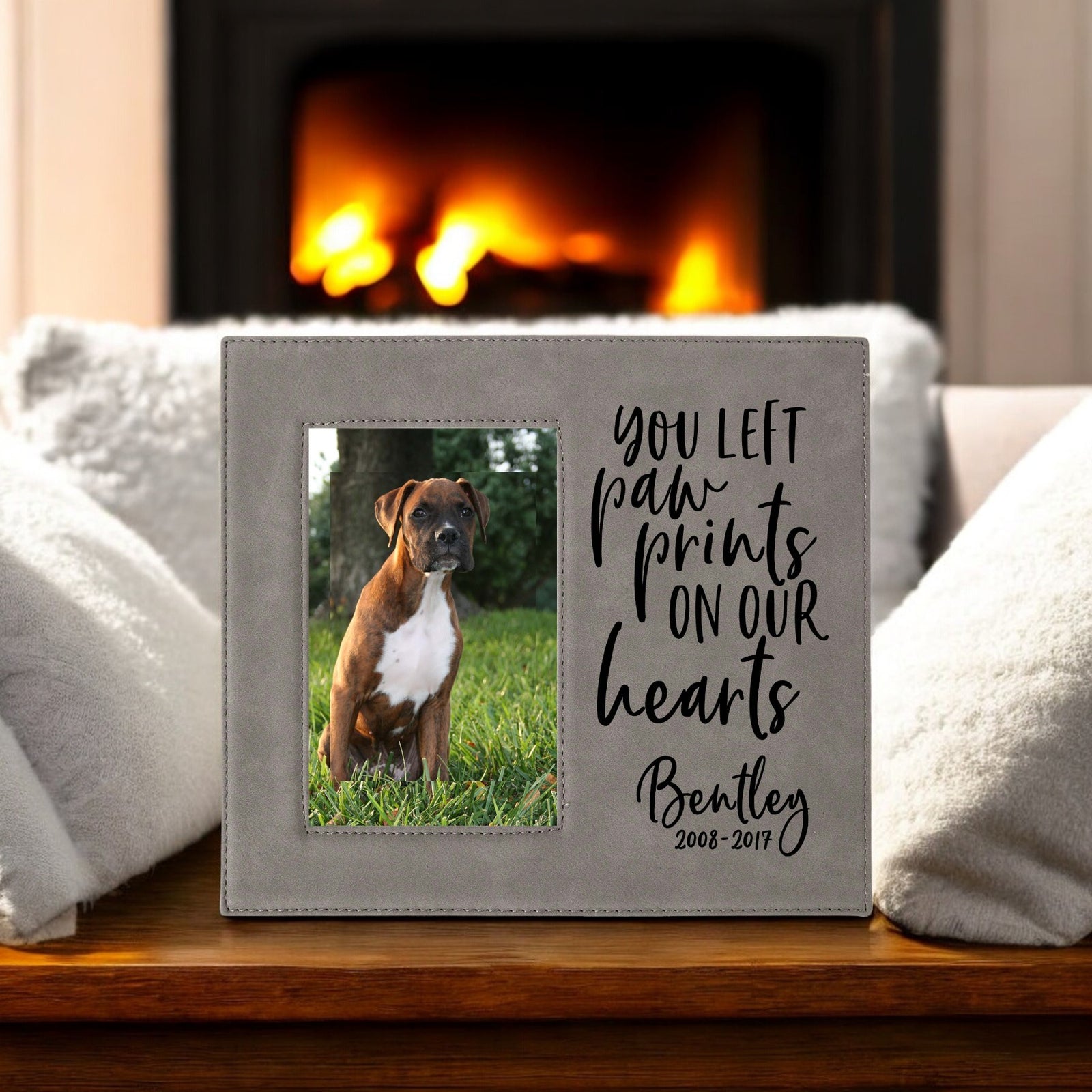 You left paw prints on our hearts - Engraved leatherette picture frame pet loss memorial by Sunny Box