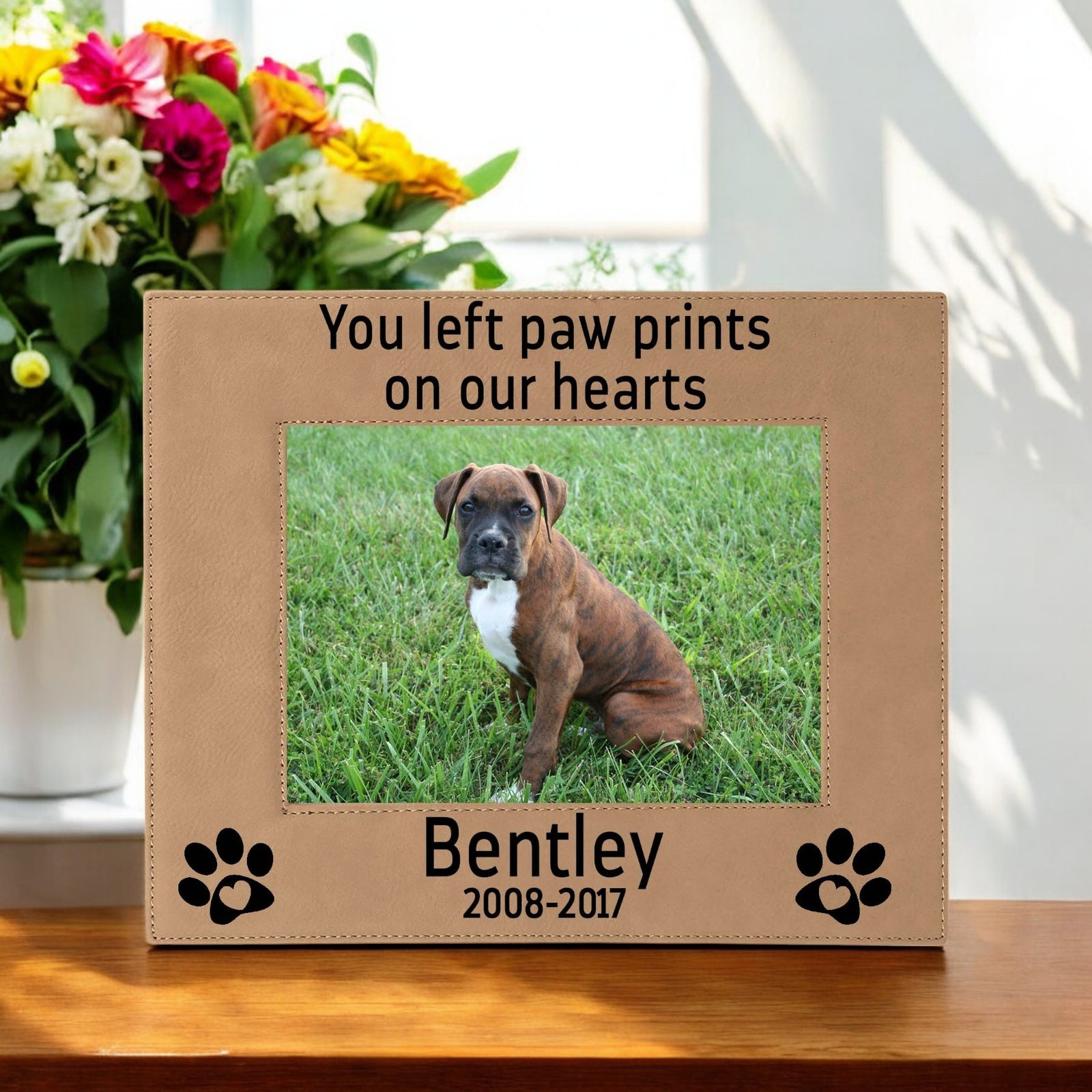 You Left Paw Prints On Our Hearts - Pet Memorial Leatherette Picture Frame