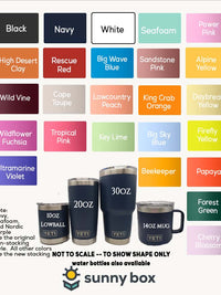 The image is a collection of various colored YETI water bottles, each with a different color and size, arranged in a grid format.