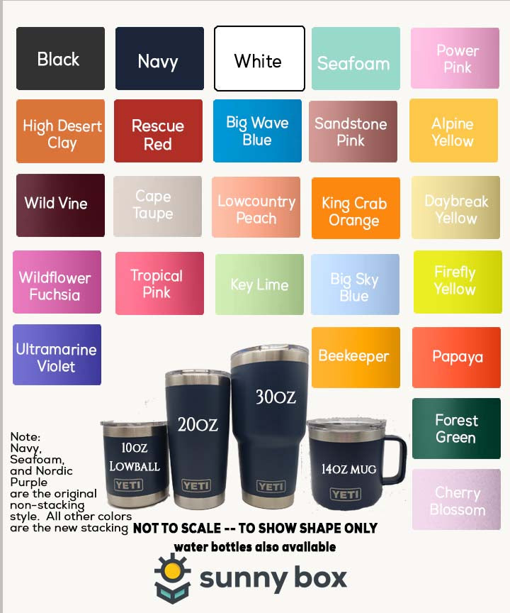 The image is a collection of various colored YETI water bottles, each with a different color and size, arranged in a grid format.