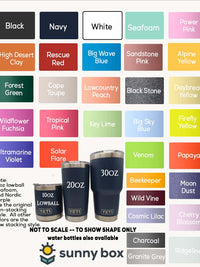 The image is a collection of various colored water bottles, each with a different color and size, arranged in a grid format.