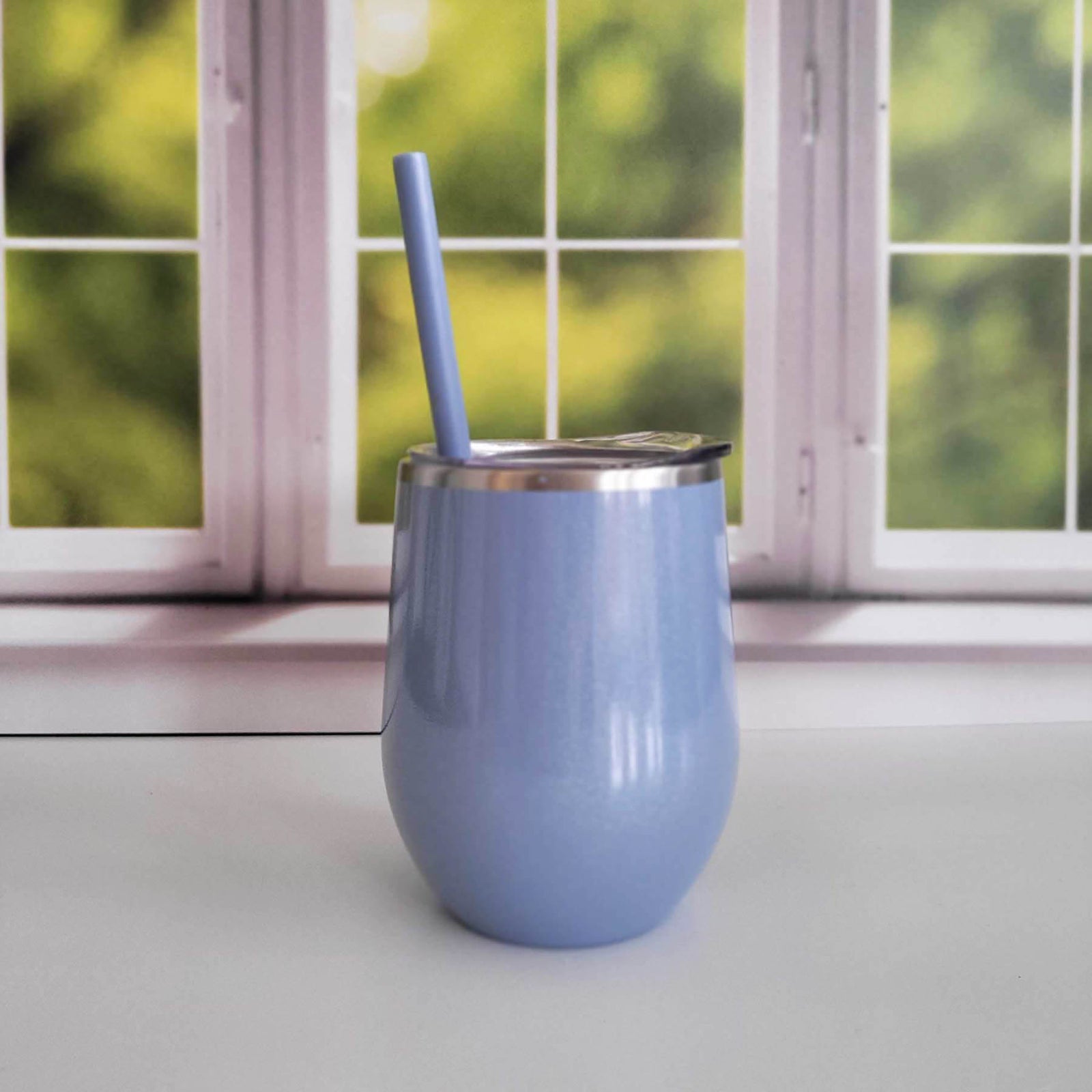 Wine and Shine Engraved 12oz Wine Tumbler Dusty Blue Glitter by Sunny Box