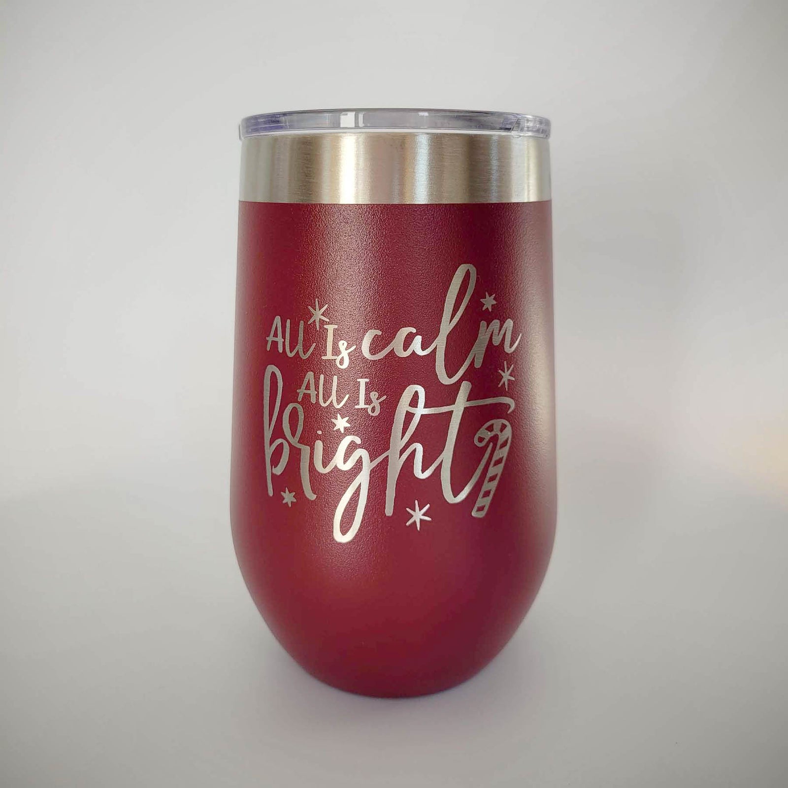 All is Calm - Engraved Christmas 16oz Stemless Wine Tumbler Maroon Sunny Box