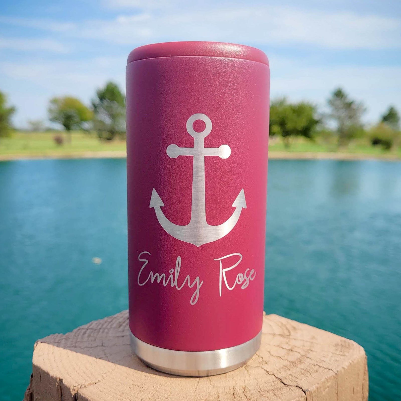 Anchor Boating Engraved Skinny Slim Can Cooler Rosewood Matte - Sunny Box