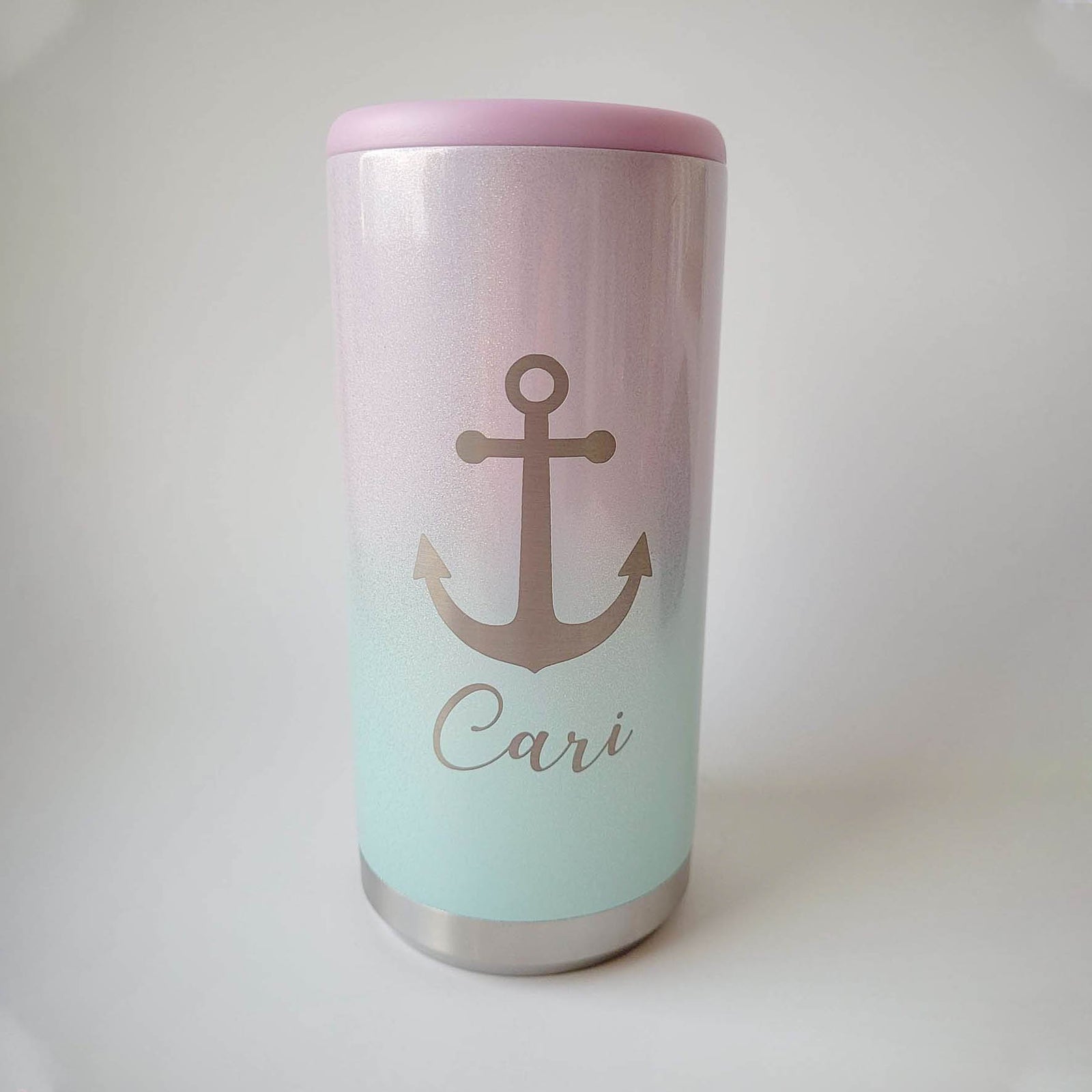 Anchor Boating Engraved Skinny Slim Can Cooler Seablush Ombre Glitter - Sunny Box