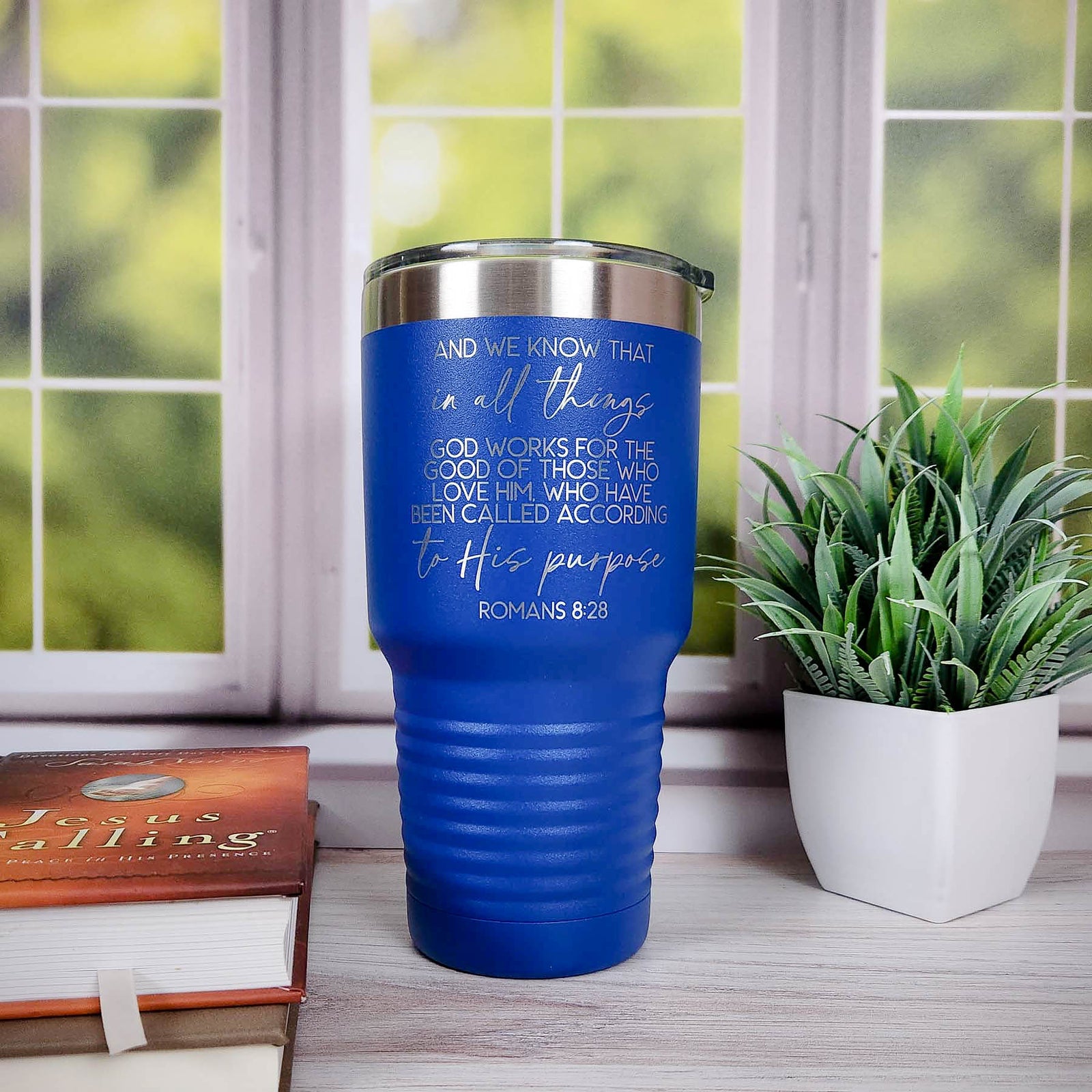 Romans 8:28 Christian Engraved 30oz Blue Polar Camel Tumbler by Sunny Box