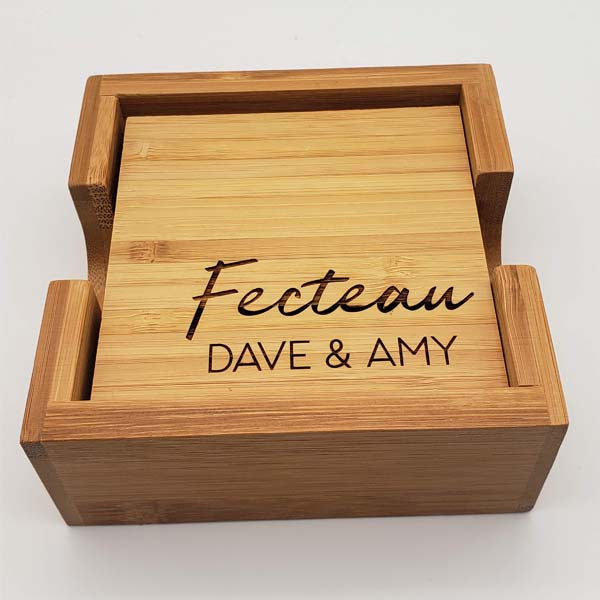 Personalized Engraved Bamboo Coaster Set - Wedding or Housewarming Gift - Sunny Box