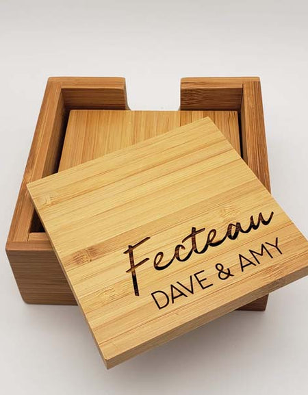 Personalized Engraved Bamboo Coaster Set - Wedding or Housewarming Gift - Sunny Box