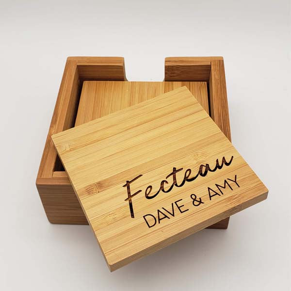 Personalized Engraved Bamboo Coaster Set - Wedding or Housewarming Gift - Sunny Box