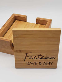 Personalized Engraved Bamboo Coaster Set - Wedding or Housewarming Gift - Sunny Box