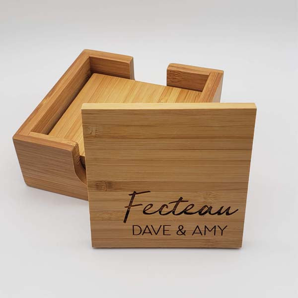 Personalized Engraved Bamboo Coaster Set - Wedding or Housewarming Gift - Sunny Box
